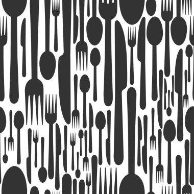 Çatal, bıçak, çatal ve kaşığın kusursuz deseni. Yazdırma, tekstil ve dokuma için vektör tasarımı çizimi.