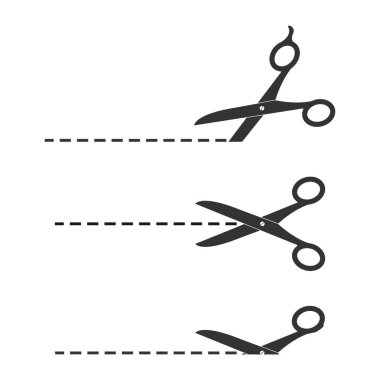 Makas ve kesik çizgisi seti, vektör illüstrasyonu beyaz arkaplanda izole edildi