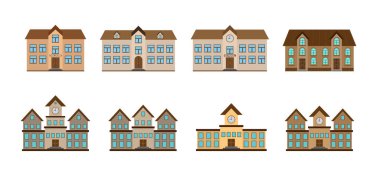 Bina. Beyaz arkaplanda izole edilmiş bir dizi basit renk vektörü simgesi