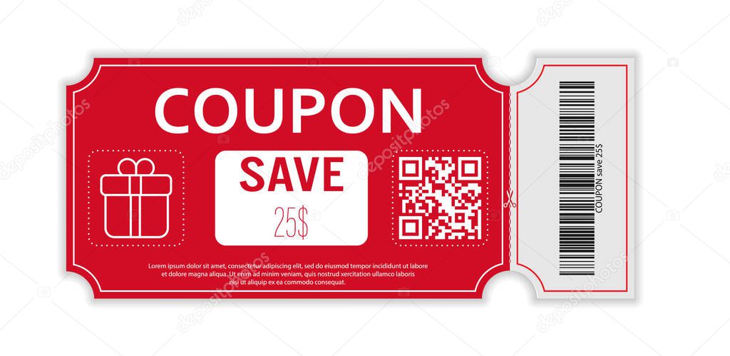 Coupon with real barcode and QR code for 25 percent off sale for stores, trade and business. Simple design