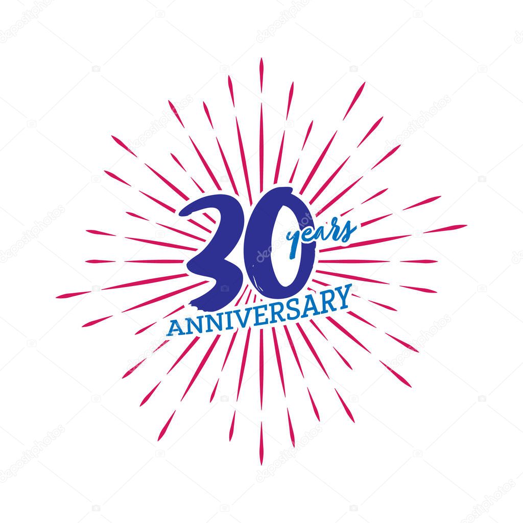 Congratulations on the thirtieth anniversary. Editable vector illustration. Number 30 on the background of fireworks