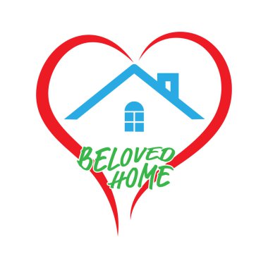 Beyaz arka planda izole edilmiş sevgili evi yazılı olan stilize edilmiş ev ve kalp simgesi