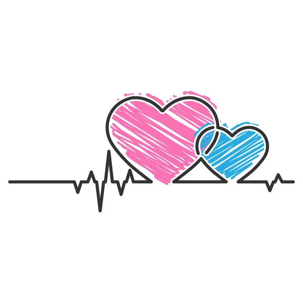 Jantung Dan Denyut Jantung Gaya Doodle Ilustrasi Vektor Kontur Terisolasi - Stok Vektor