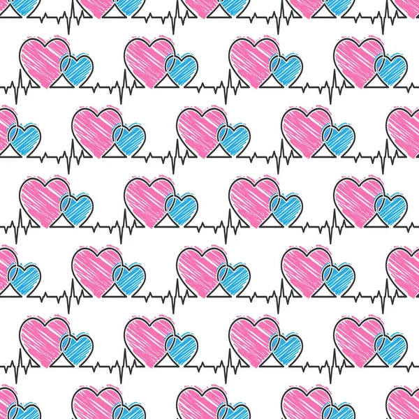 Padrão Coração Sem Costura Estilo Doodle Pulsos Cardiograma Para Textura — Vetor de Stock