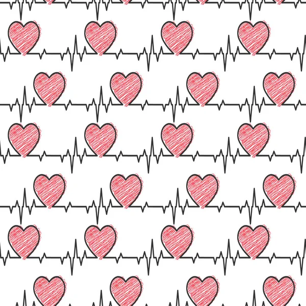 Modello Cuore Senza Cuciture Stile Doodle Impulsi Cardiografici Texture Tessuti — Vettoriale Stock