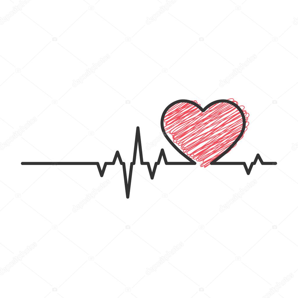 Heart and cardiogram pulse. Doodle style. Contour vector illustration isolated on a white backgroun