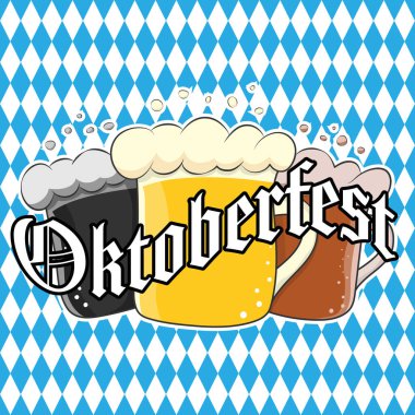 Çıkartma, pankart, logo, çıkartma ve tema tasarımı için Oktoberfest harfli üç bira kupası. Basit renk vektör illüstrasyonu