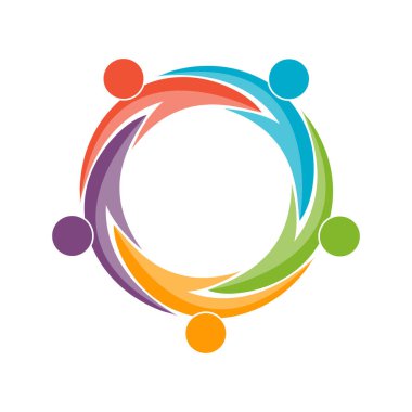 Takım çalışması, sosyal topluluk, ya da bir grup arkadaş. Beyaz arkaplanda izole edilmiş afişler ve giysiler için vektör illüstrasyonu