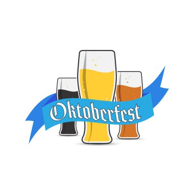 Çıkartma, pankart, logo, çıkartma ve tema tasarımı için Oktoberfest harfli üç bira kupası. Beyaz arkaplanda izole edilmiş basit renk vektör illüstrasyonu