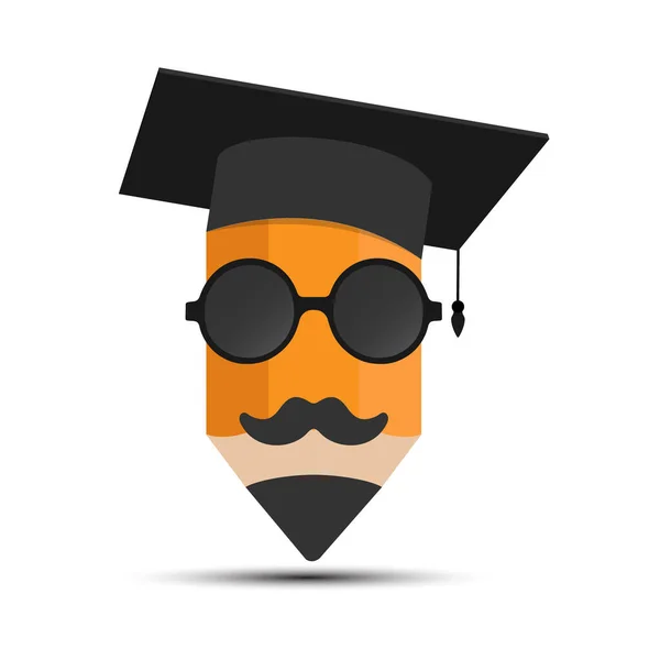 Lápiz Con Sombrero Graduado Gafas Bigote Ilustración Para Logotipo Pegatina — Vector de stock