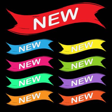 Üzerinde yeni yazılar olan çok renkli kurdeleler seti. Vektör çizimi. Düz tasarım