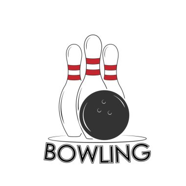 Bowling oynuyor. Skittles ve bir top. Simge, logo, etiket, etiket için, beyaz arkaplanda izole edilmiş