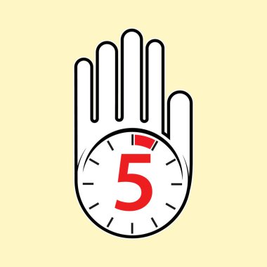Kaldırılmış, açık bir el ve üzerinde bir saat. Dinlenme ya da mola zamanı, dur. 5 dakika ya da saniye. Düz tasarım.
