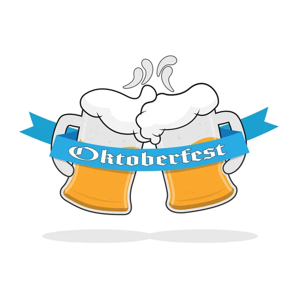 两杯啤酒加泡沫和一条写有 Oktoberfest 字样的带子矢量图解 平面设计 — 图库矢量图片