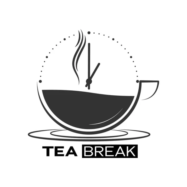 Kopje Warme Thee Met Een Klok Inscriptie Tea Break Eenvoudig — Stockvector