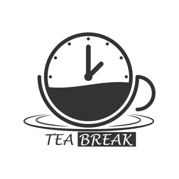 Tazza Caldo Con Orologio Iscrizione Tea Break Icona Semplice Isolata — Vettoriale Stock