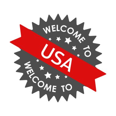 ABD 'ye hoş geldiniz. Kırmızı kurdeleli yuvarlak etiket. Beyaz arkaplanda izole edilmiş vektör illüstrasyonu