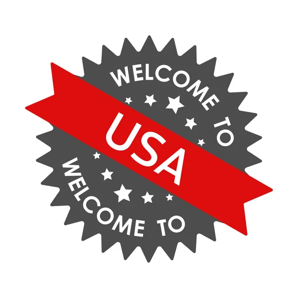 Willkommen Den Usa Runde Etikette Mit Roter Schleife Vektor Illustration — Stockvektor
