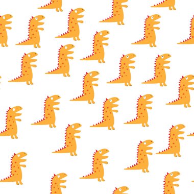 Doku, tekstil ve basit arka planlar için karikatür dinozorları ile vektörsüz desen.