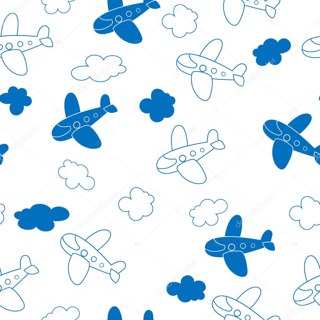 Vector seamless pattern with cartoon planes and clouds for texture, textiles and simple backgrounds.
