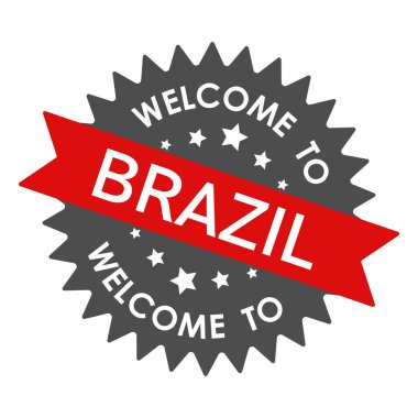 BRAZIL 'e hoş geldiniz. Kırmızı kurdeleli yuvarlak etiket. Beyaz arkaplanda izole edilmiş vektör illüstrasyonu