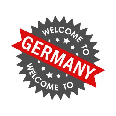 Almanya 'ya hoş geldiniz. Kırmızı kurdeleli yuvarlak etiket. Beyaz arkaplanda izole edilmiş vektör illüstrasyonu