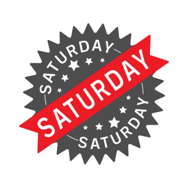 Kurdeleli yuvarlak tabela ve Cumartesi yazıtları. Etiket, kurdele ve harf ile imzala, beyaz arkaplanda izole edilmiş şablon