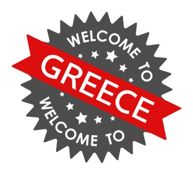 GREECE 'e hoş geldiniz. Kırmızı kurdeleli yuvarlak etiket. Beyaz arkaplanda izole edilmiş vektör illüstrasyonu
