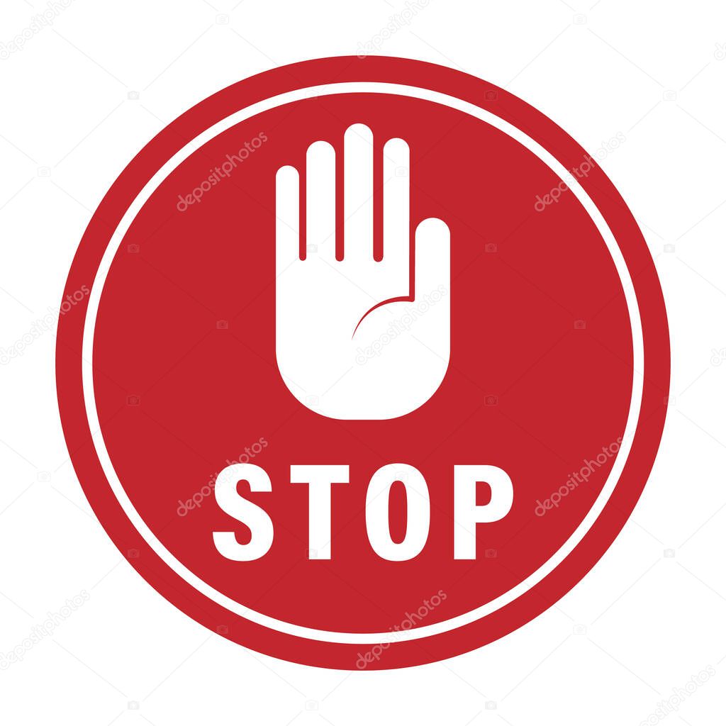 Round sign with raised open palm  and the words STOP.  Vector illustration, simple design