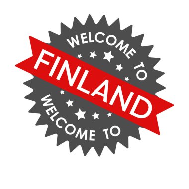 Finland 'a hoş geldiniz. Kırmızı kurdeleli yuvarlak etiket. Beyaz arkaplanda izole edilmiş vektör illüstrasyonu