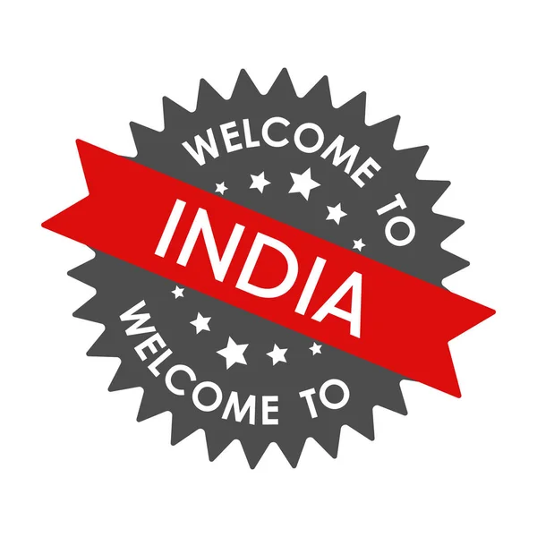 Bienvenue Inde Etiquette Ronde Avec Ruban Rouge Illustration Vectorielle Isolée — Image vectorielle