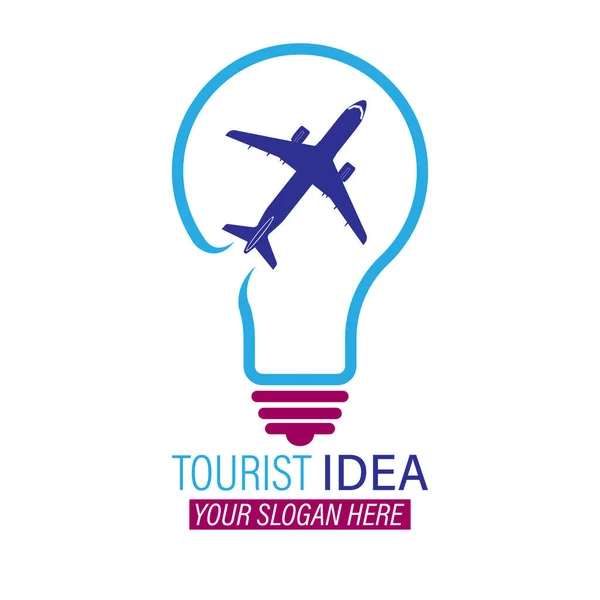 Idea Turistica Lampada Incandescenza Con Aereo Volante Illustrazione Vettoriale Logo — Vettoriale Stock