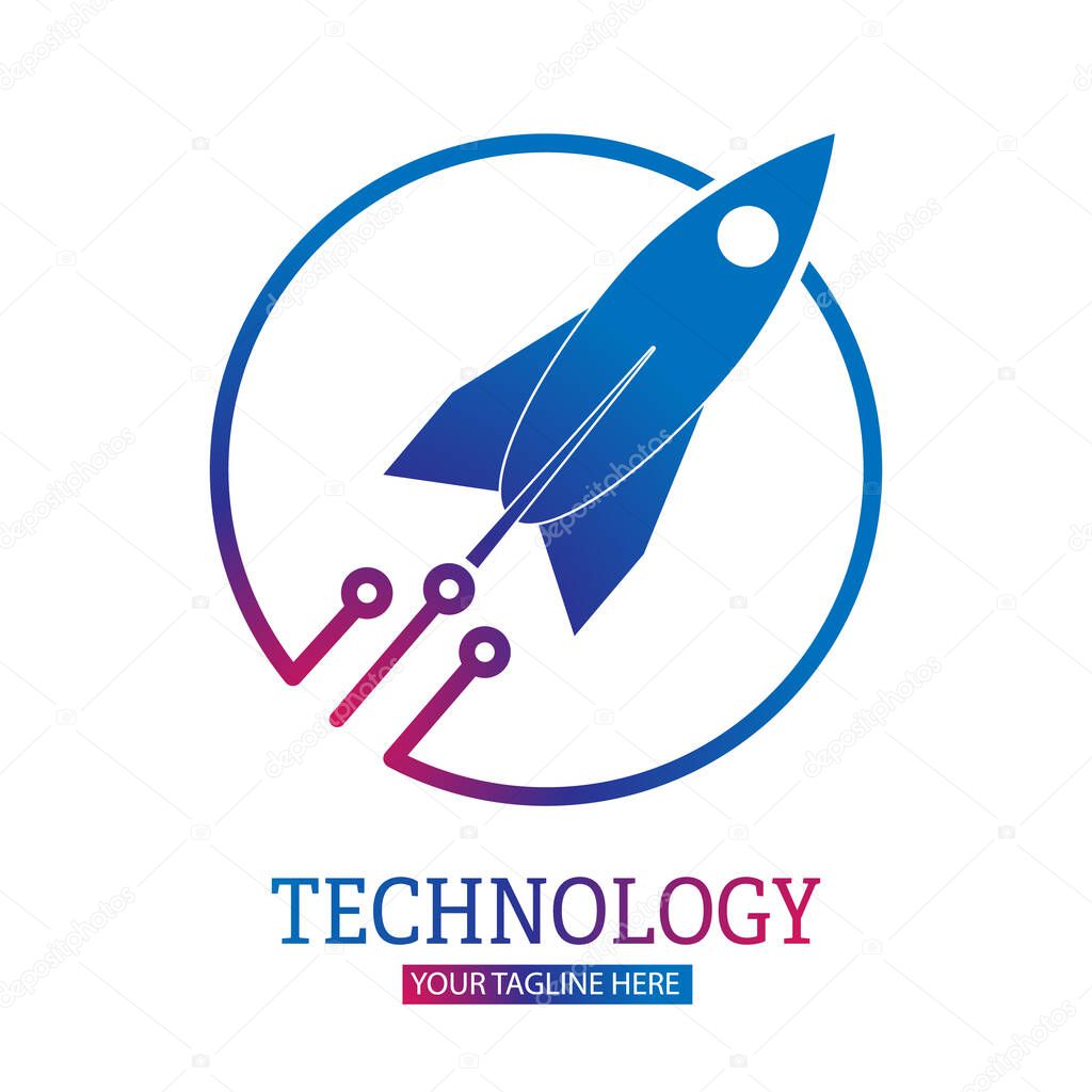 Space technology. The rocket breaks out of the circle. Vector illustration for a logo, sticker, or emblem isolated on a white backgroun