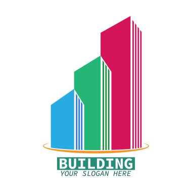 Emlak, inşaat ya da şehir logosu için şablon. Logo, etiket veya etiket için renk vektörü çizimi, beyaz arkaplanda izole edilmiş modern tasarım