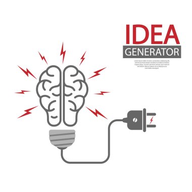 Fikir üreteci. İnsan beyni ve ampul. Web sitesi, kitapçık, proje ve yaratıcı tasarım için düzenlenebilir vektör illüstrasyonu. Stok resmi beyaz arkaplanda izole edildi.