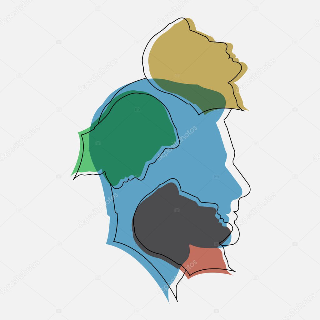 concept of personality diversity. two contours and silhouettes of a male and female face. Stock illustration