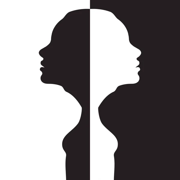 Two silhouettes of a woman head are turned away from each other on a black and white background. Stock illustration