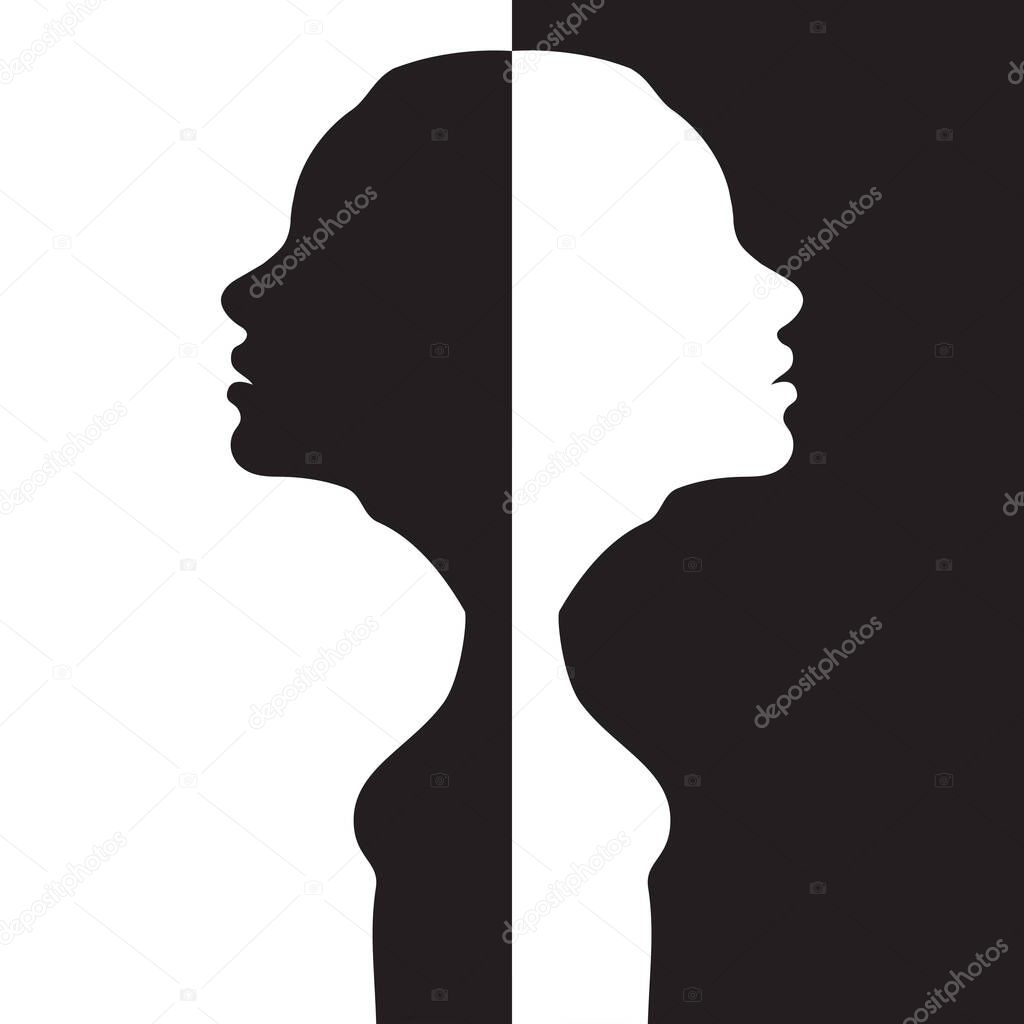 Two silhouettes of a woman head are turned away from each other on a black and white background. Stock illustration