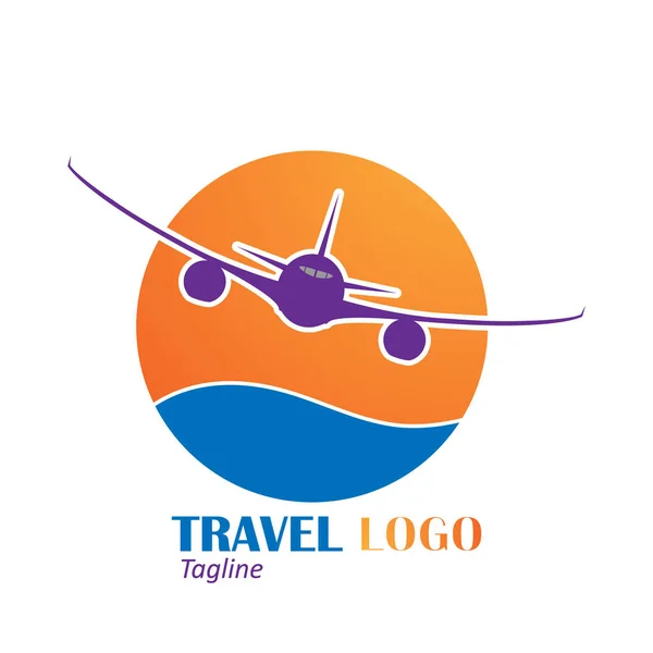 Logo Podróży Samolot Tle Zachodu Morza Prosta Ilustracja Wektor Izolowane — Wektor stockowy
