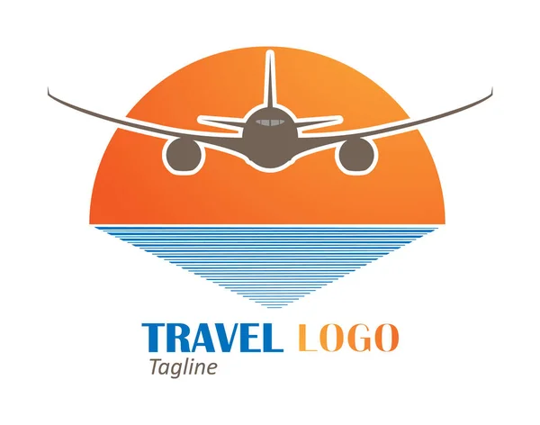 Logo Viaggio Aereo Sullo Sfondo Del Tramonto Del Mare Semplice — Vettoriale Stock