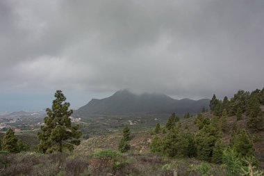 Dağ manzarası. Alçak bulutlar dağın tepesini kapladı. Stok fotoğrafı