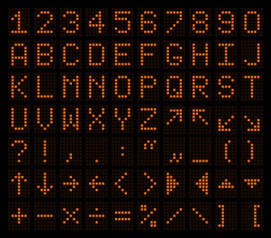 Latin harfler, sayılar, noktalama işaretleri ve turuncu bir parlaklıkta elektronik skorbord şeklinde. Vektör illüstrasyonu.