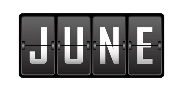 June. Name of the month on the cells of the mechanical tableau. Vector illustration.