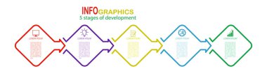 Ticari, finans, proje, plan veya pazarlama simgelerine sahip bilgi grafikleri. 5 aşama. Düz vektör stili