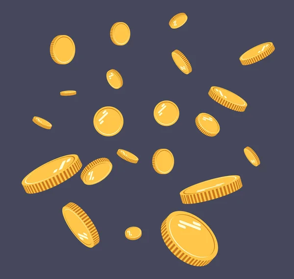 Gouden munten explosie flat vector. Gouden munten patroon met het effect zwevend in de lucht in een cartoon-stijl voor ontwerpers. Succesvolle financiële planning, winstgevende kleine bedrijven. Digitale valuta — Stockvector