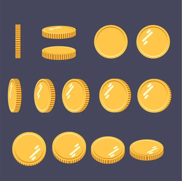 Münzsatz von Vektor-Sprites zur Rotation in verschiedenen Projektionen. isolierter Goldmünzensatz. für Mobiltelefone, Desktop- und Webanwendungen und Spiele. Digitalwährung. — Stockvektor
