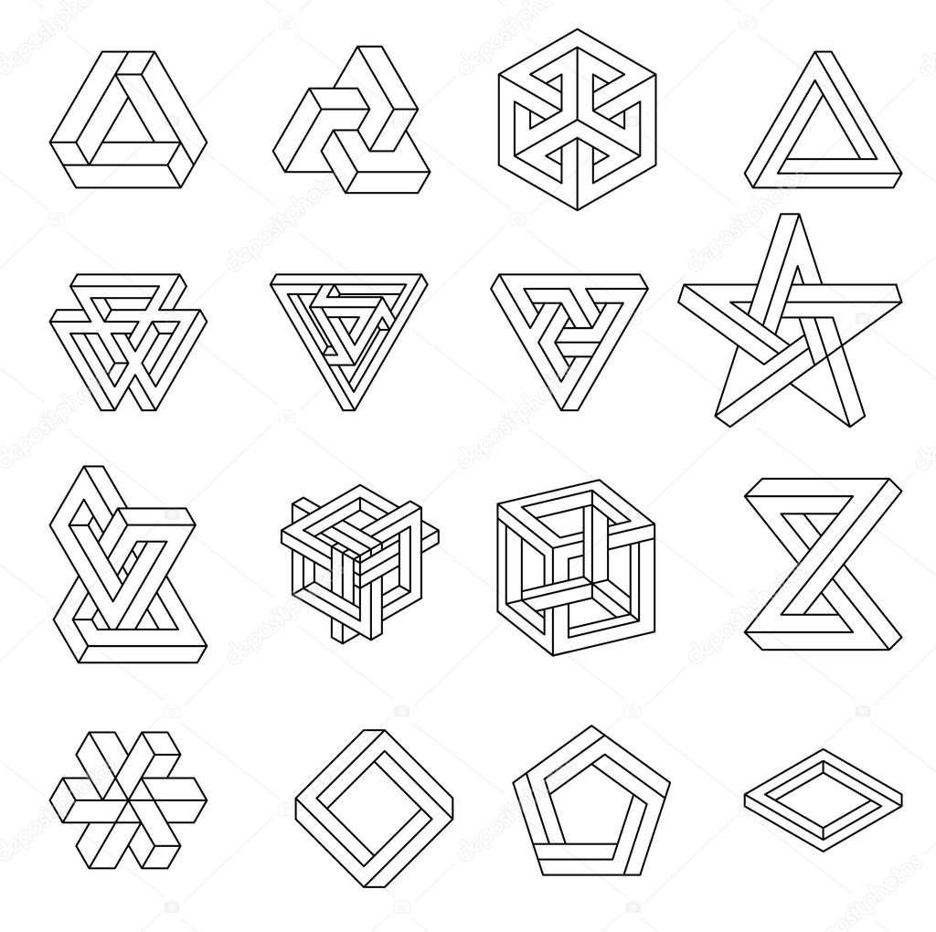 Set of impossible shapes. Optical Illusion. Vector Illustration isolated on white. Sacred geometry. Black lines on a white background