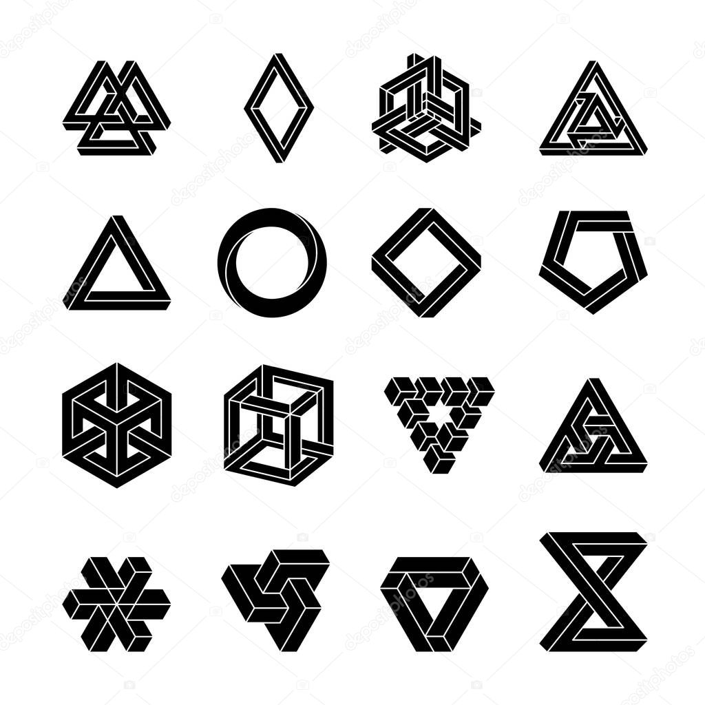 Set of impossible shapes. Optical Illusion. Vector Illustration isolated on white. Sacred geometry. White shapes on a black background.