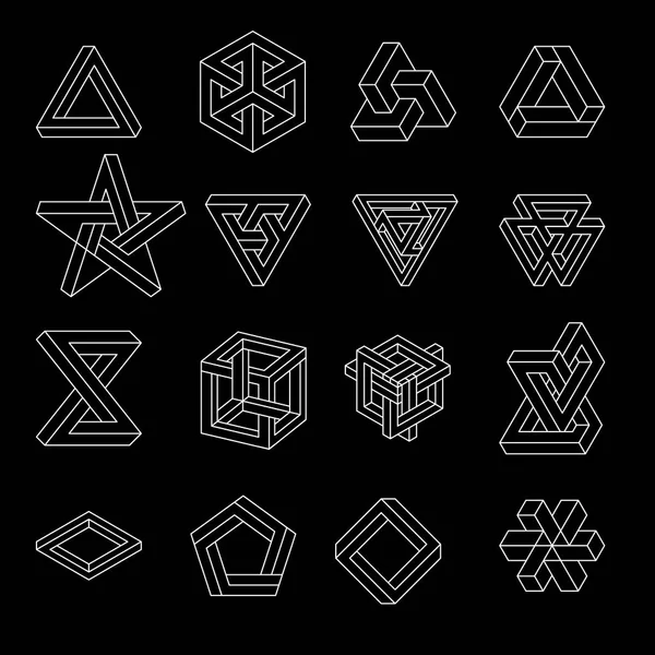 Set of impossible shapes. Optical Illusion. Vector Illustration isolated on white. Sacred geometry. White lines on a black background — Stock Vector