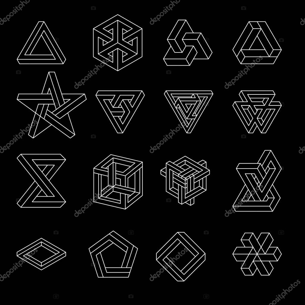 Set of impossible shapes. Optical Illusion. Vector Illustration isolated on white. Sacred geometry. White lines on a black background.